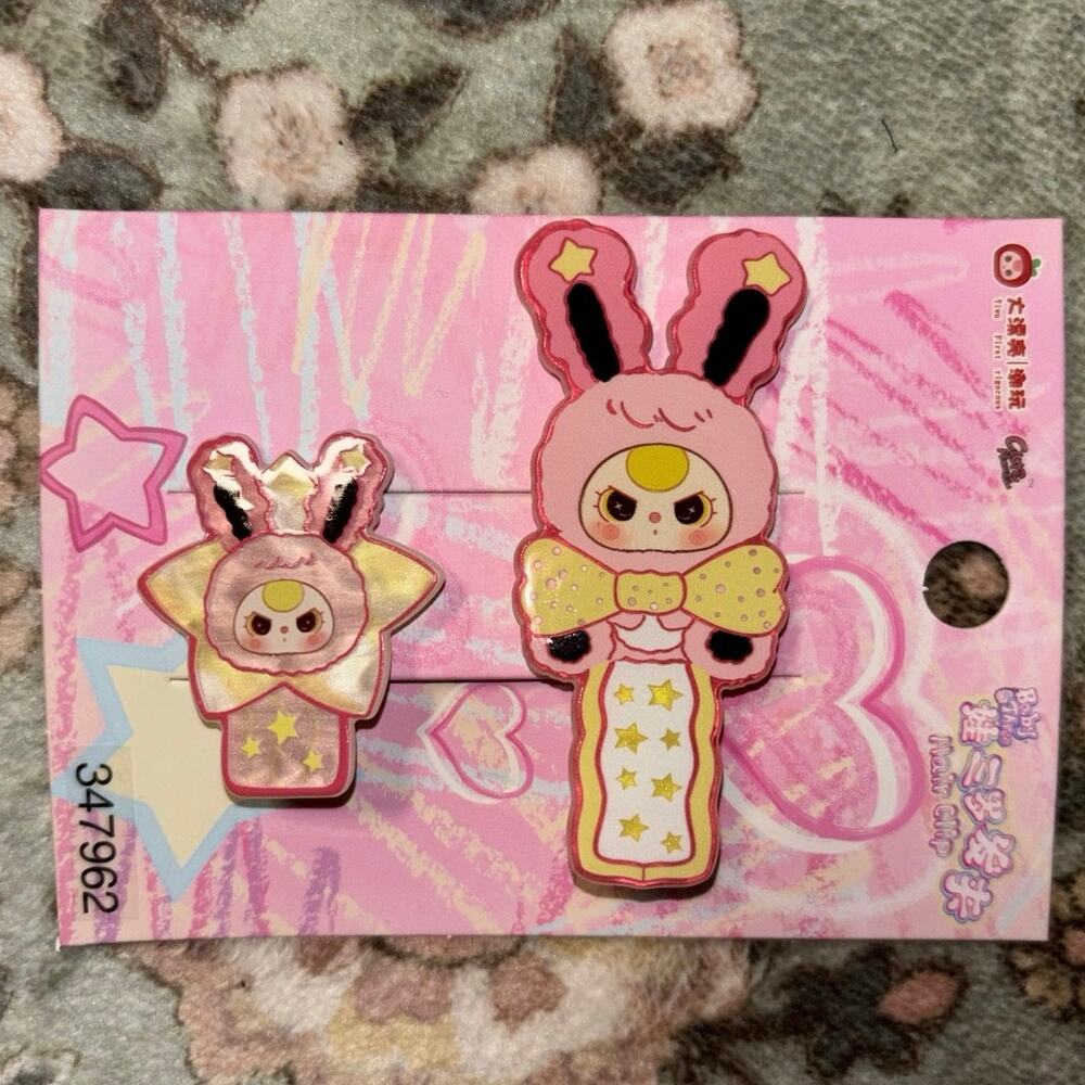 Baby Three Pink and Black Bunny Hair Clips set